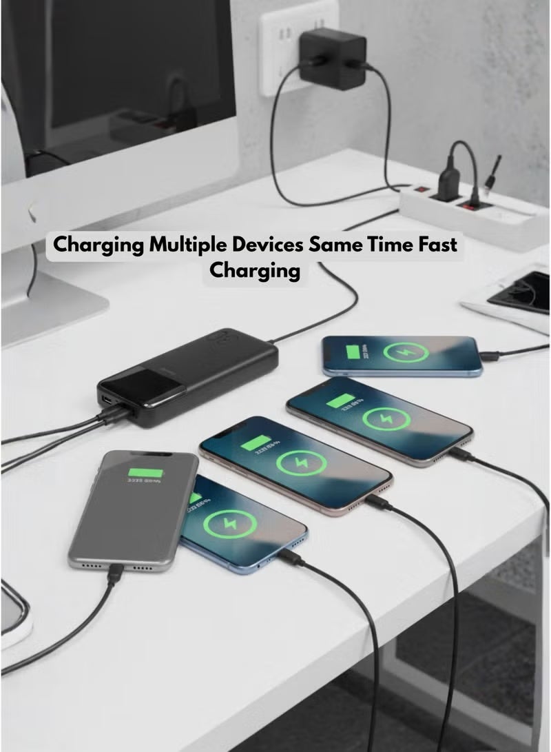 Fonemi 20000mAh Portable Power Bank with 22.5W Fast Charging, Built-in Type-C, Lightning, Micro USB & USB Cables, LED Display, Smart Protection, Dual Input & Multiple Output, Mobile Stand – Black - Image 4